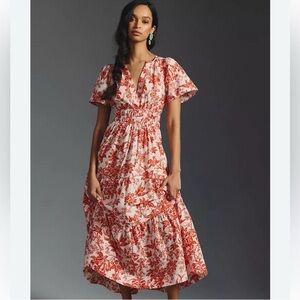 Anthropologie Medium Somerset Maxi Dress Red White Floral Vine Pockets
